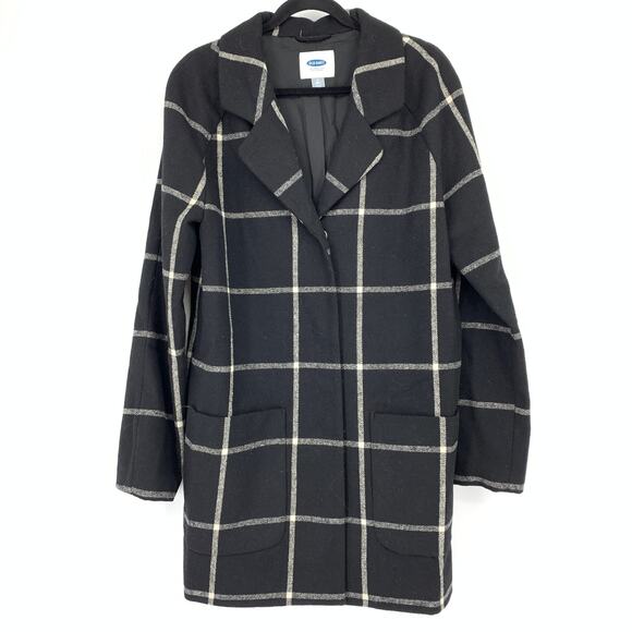 Old Navy Peacoat Womens Size Medium Tall Black Gray Windowpane Wool Blend Coat - Picture 1 of 6
